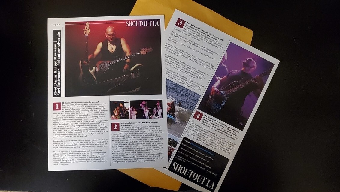 Bass guitarist Danny Knapp featured in Shoutout LA magazine